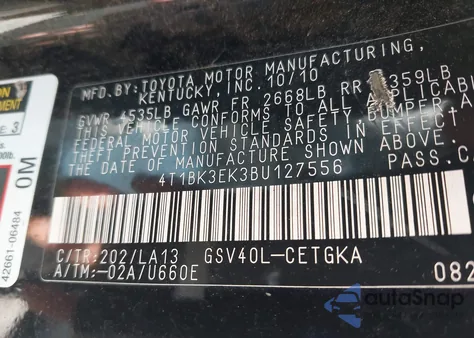 2011 Toyota Camry Xle V6 из США, поврежденный, VIN 4T1BK3EK3BU127556